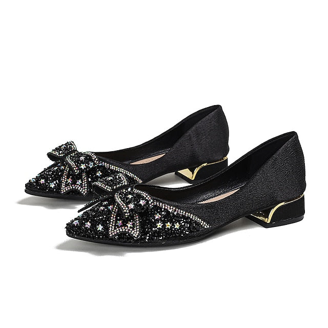 with - Women's Elegant Detail Rhinestone Glitter Flats Bow FashionChic