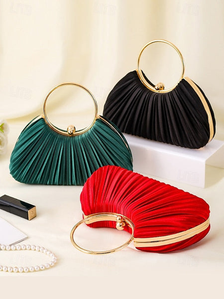 Handle Clutch - with Pleated Elegant Gold Ring Velvet Green FashionChic