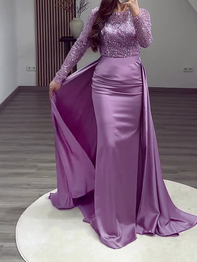 RuchedSatin Dress Sleeves Mermaid Gown Evening Sequin Long FashionChic