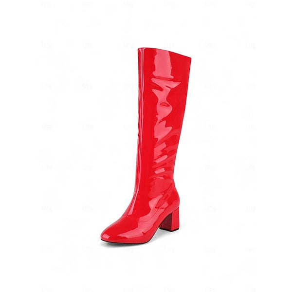 Leather Patent Block with Heel High Red Women's Boots Knee FashionChic