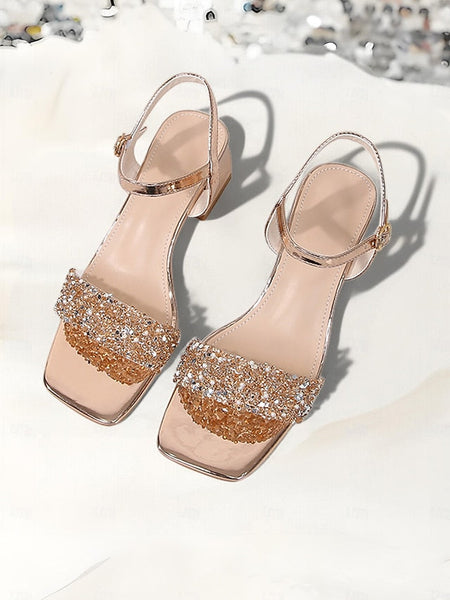 for Block Women Heel Wedding – Sandals Rhinestone Gold Elegant FashionChic