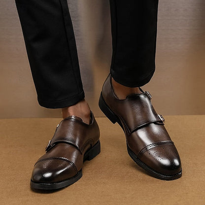Double Men's Shoes Monk Strap Faux Brown with Dress Leather FashionChic