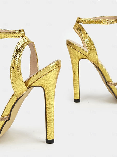 Gold Sandals Open-Toe Women for Stiletto Rhinestone-Embellished FashionChic
