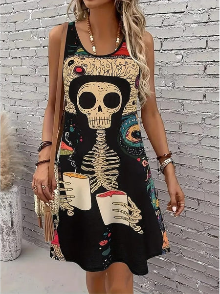 skeleton Women's Skulls Print Mini Dress A Line Dress