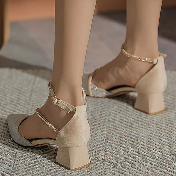 Mesh Women's Heels Pointed Glitter Ankle Block with Toe FashionChic