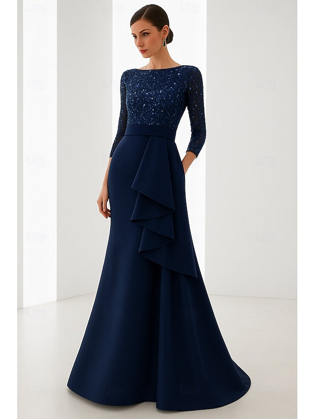 Elegant Formal Wedding Evening Black Gown Mermaid Blue Dress FashionChic
