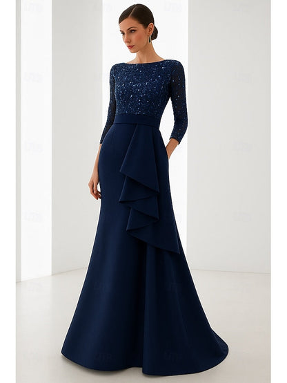 Elegant Formal Wedding Evening Black Gown Mermaid Blue Dress FashionChic