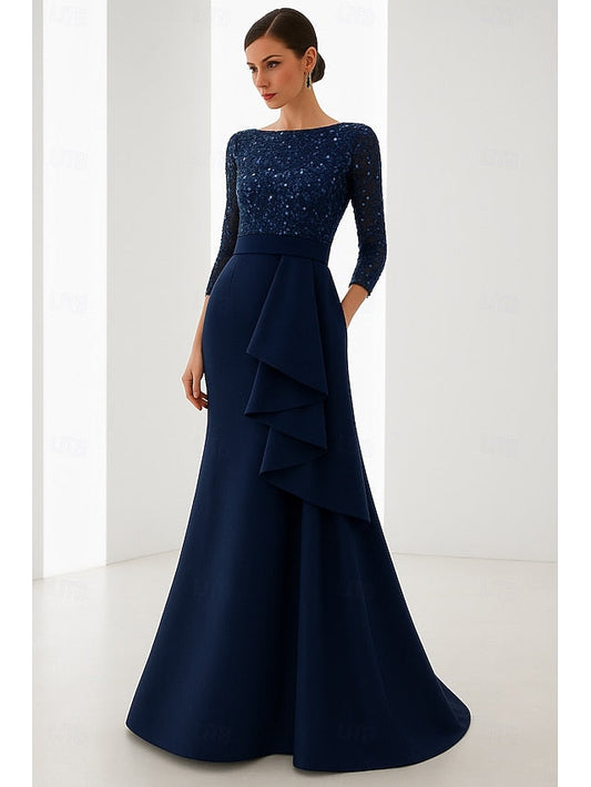 Elegant Formal Wedding Evening Black Gown Mermaid Blue Dress FashionChic