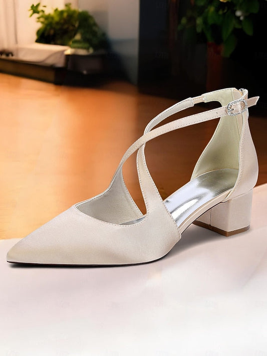 Satin - Block Pointed Toe Women's Heels Elegant Ivory FashionChic