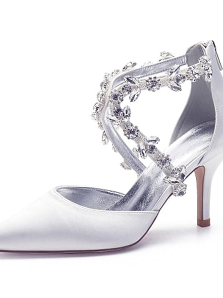 Heels Elegant Women's Satin White Crystal – Strap Pointed FashionChic