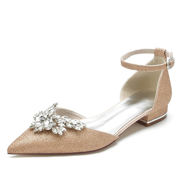 Satin Women's White – Rhinestone Floral Design Flats with FashionChic