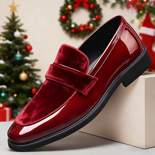 Sleek Leather Men's Velvet Design Faux Red – with Loafers FashionChic