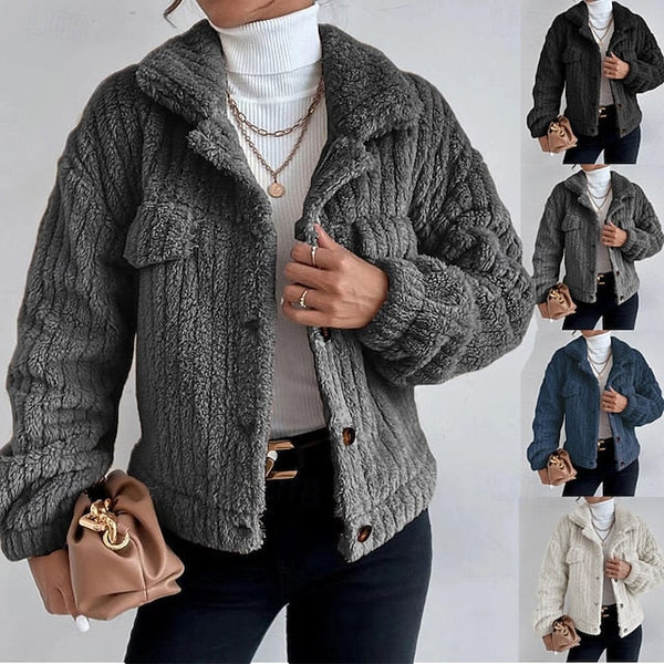 Casual Plain Coat Warm Teddy Women's Buttons Comfortable FashionChic