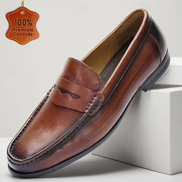 Leather Shoes Brown Loafers Slip-On Penny with Men's FashionChic