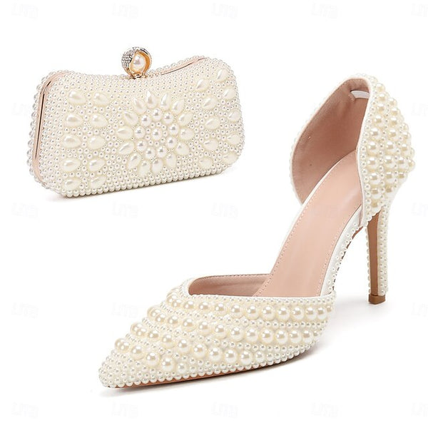 Set Heels Bag Stiletto Clutch White and Pearl – Women's FashionChic