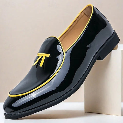 with Leather Patent Yellow Black Faux Men's Loafers Trim FashionChic