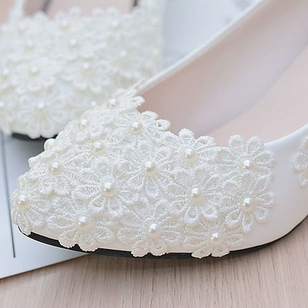 Lace Floral Women's White Wedding Pearl Heels – Decorated FashionChic