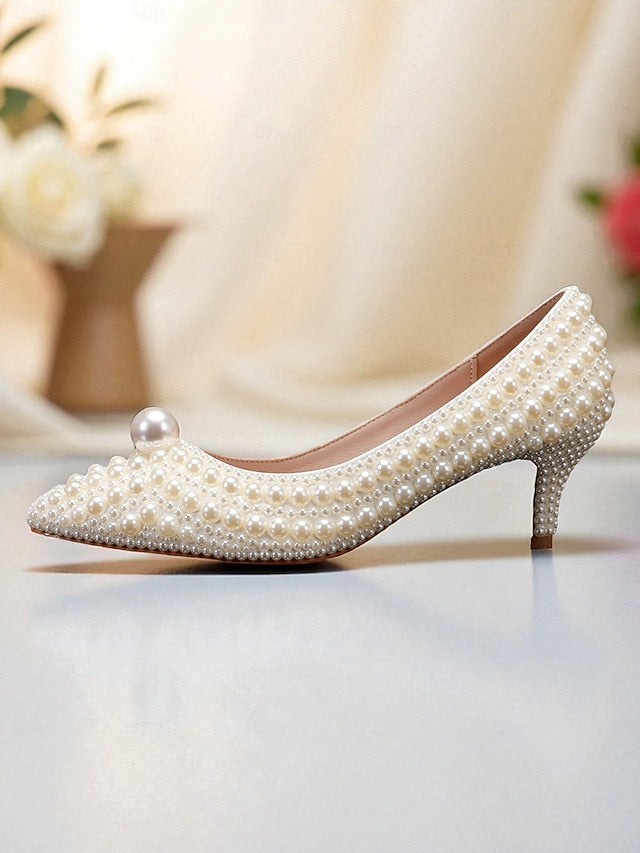 Heel Matching Kitten and Pearl-Embellished Pumps Women's FashionChic