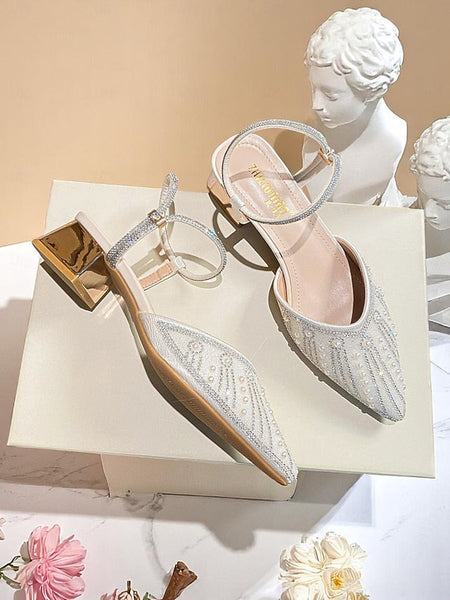 Block Ivory Women's and with Pointed Pearl Toe Heels FashionChic