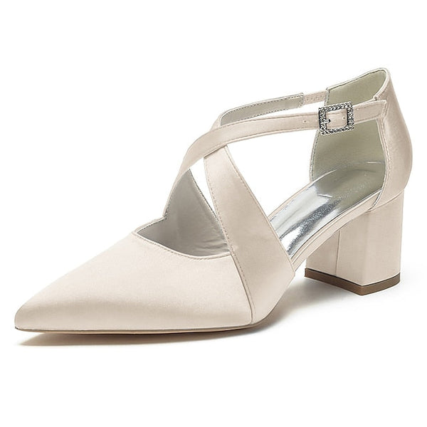 Heels White Pointed Satin Toe Block Women's – Elegant FashionChic