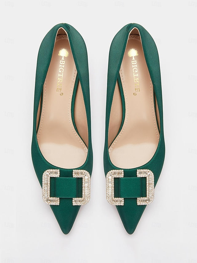 Pumps with Rhinestone Elegant Green Buckle for Satin Women: FashionChic
