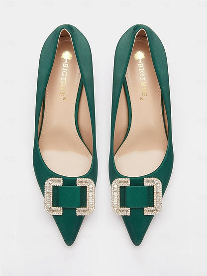 for Women: Satin Buckle Elegant Green with Rhinestone Pumps FashionChic