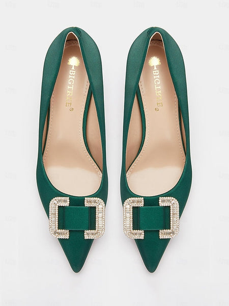 for Women: Satin Buckle Elegant Green with Rhinestone Pumps FashionChic