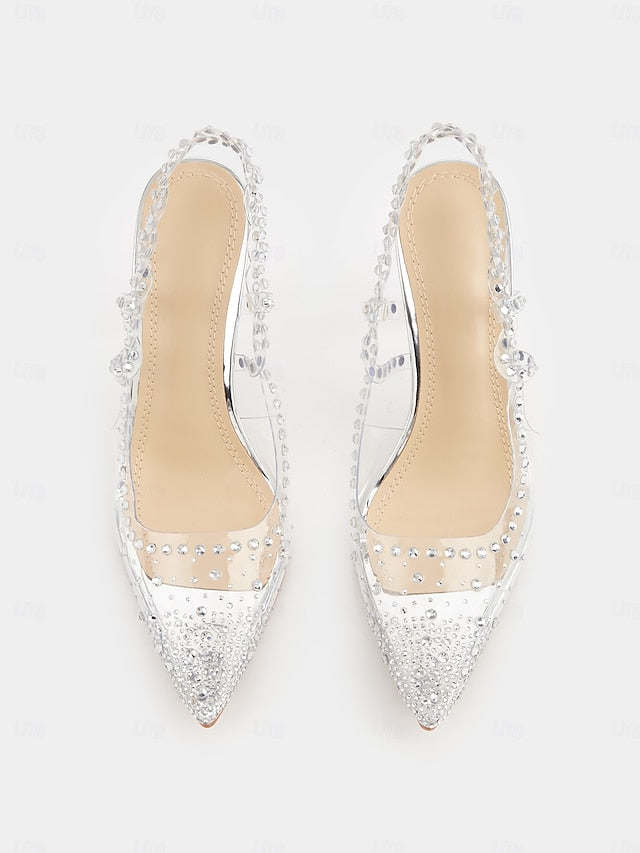 Women's Toe Clear Rhinestone Pointed with Slingback Heels FashionChic