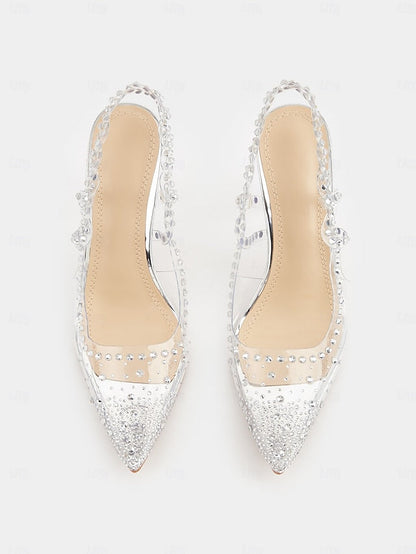 Women's Toe Clear Rhinestone Pointed with Slingback Heels FashionChic