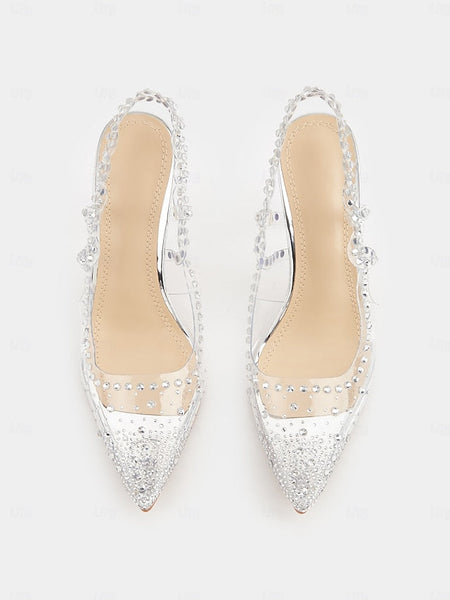 Women's Toe Clear Rhinestone Pointed with Slingback Heels FashionChic