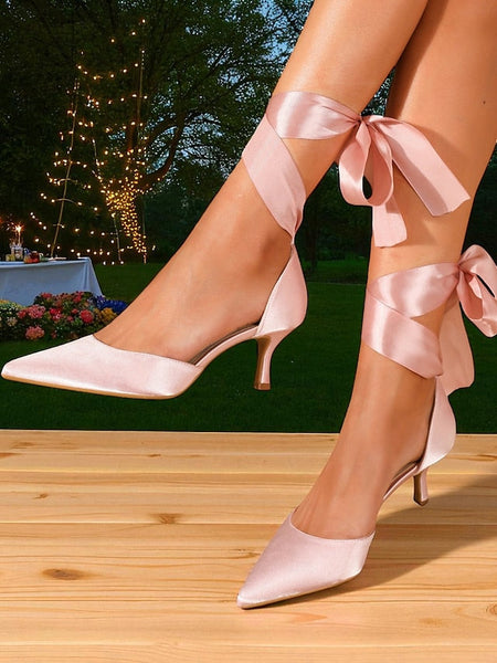 Ribbon Shoes Heel Women's with Pointed-Toe Kitten Satin FashionChic