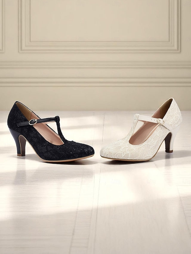 Ivory Pumps-1920s Women's Vintage Mid Lace Heel T-Strap FashionChic