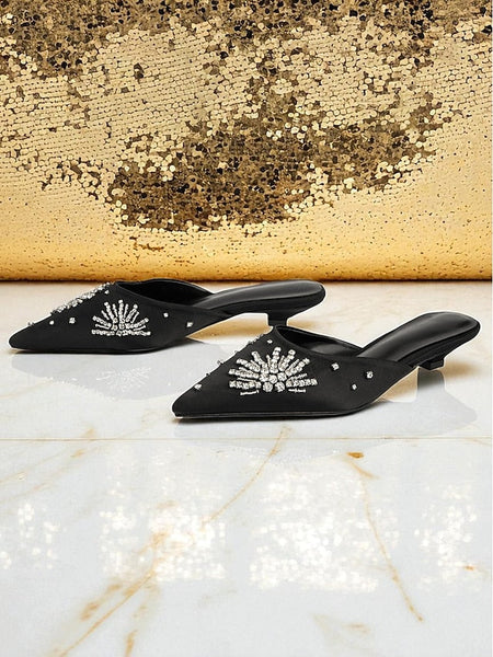 with Rhinestone Toe Pointed Mules Satin Black Women's FashionChic