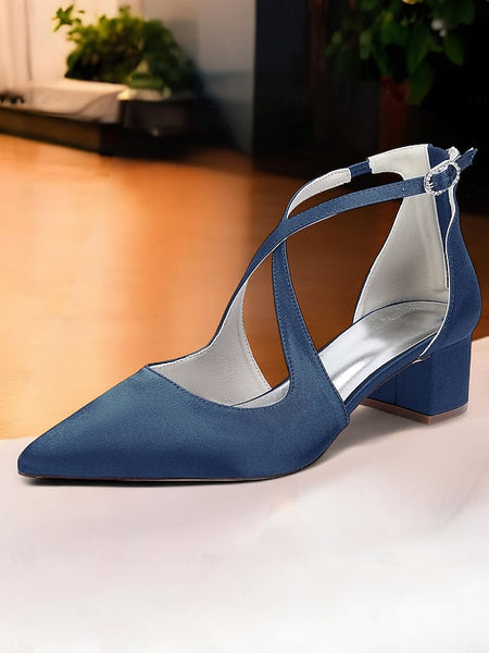Satin - Block Pointed Toe Women's Heels Elegant Ivory FashionChic