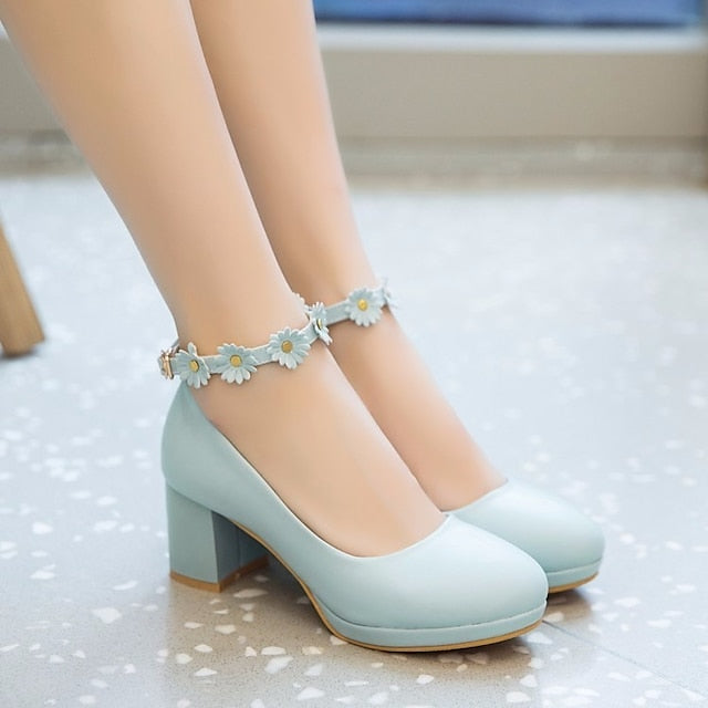 Girls' Daisy with Dress Flower Shoes Ankle Heel White Block FashionChic