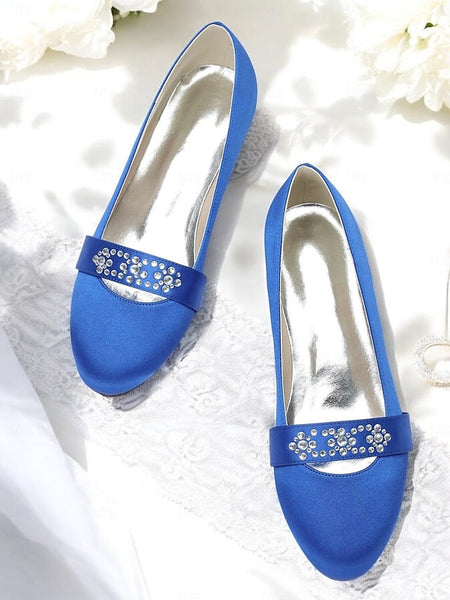 Blue Satin Heels Kitten Rhinestone with Women's FashionChic