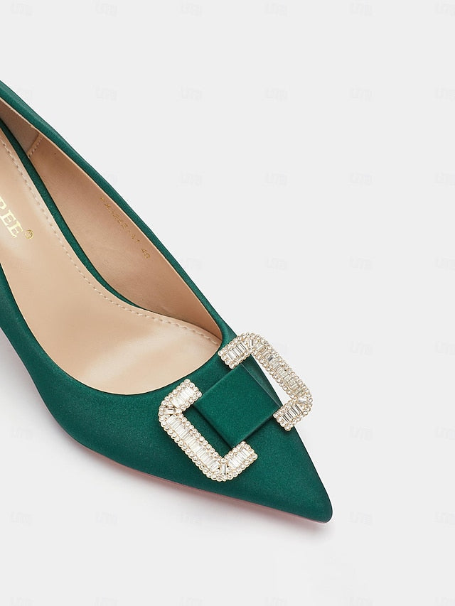 Pumps with Rhinestone Elegant Green Buckle for Satin Women: FashionChic