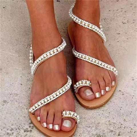 Elegant Pearl-Embellished Sandals – Flat Women's Strappy FashionChic