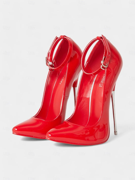 with Red Women's Patent Heels Ankle Stiletto Leather Strap FashionChic