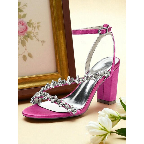 White Women's with Straps Sandals Rhinestone - Block Heel FashionChic