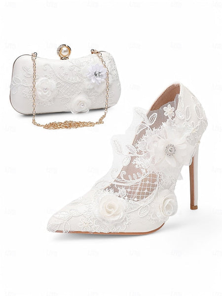 Lace White Wedding Shoes Embellishments Floral with FashionChic
