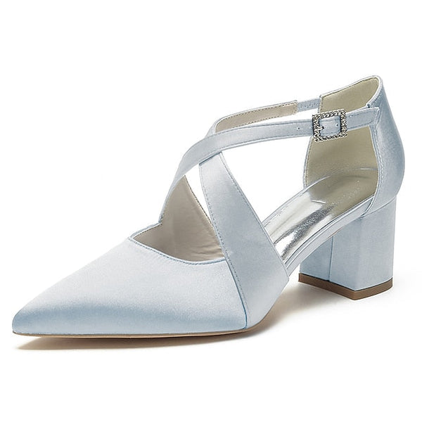 Heels White Pointed Satin Toe Block Women's – Elegant FashionChic