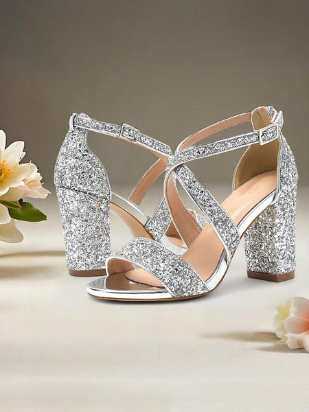 Women's Block Sandals Gold Heel Glitter FashionChic