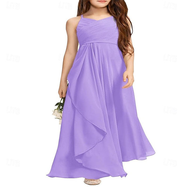 Girl Girls Bridesmaid Flowy Flower Halter A-Line Dress Junior FashionChic