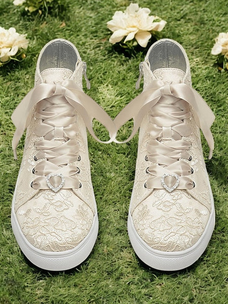 with Ivory Sneakers Satin Wedding Women's Laces Lace Ribbon FashionChic