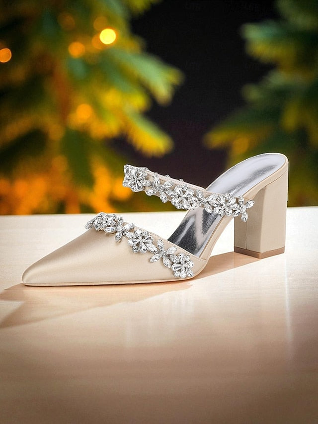 Floral Women's with Satin Block Heel Rhinestone Mules Black FashionChic