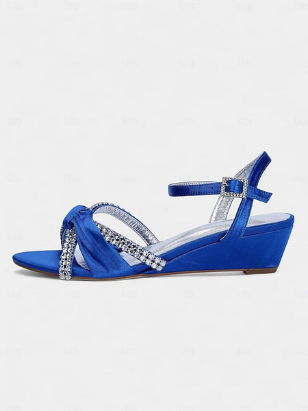 Knot Women's Rhinestone Wedge - Green Dress Satin Sandals FashionChic