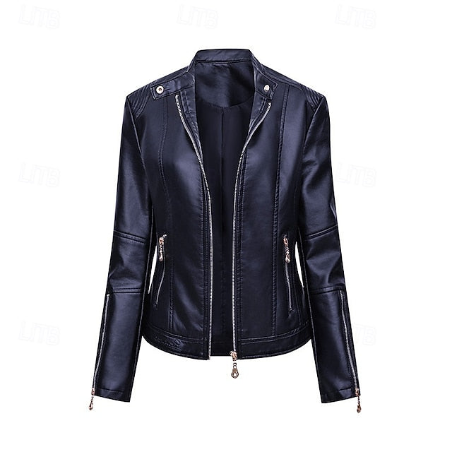Pocket Jacket Zipper Comfortable Faux Leather Women's FashionChic
