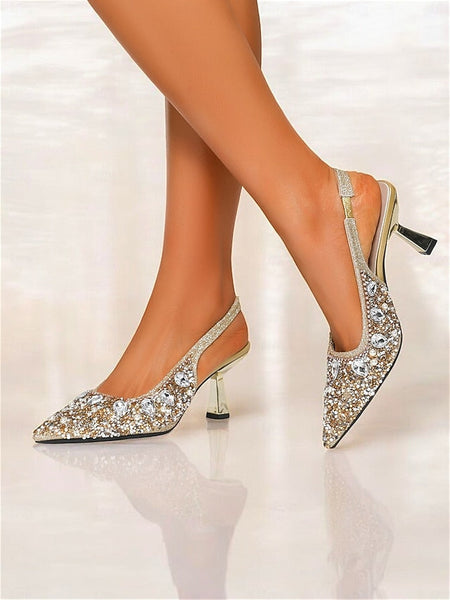 with Slingback Gold Rhinestone Heels Women's Pearl FashionChic