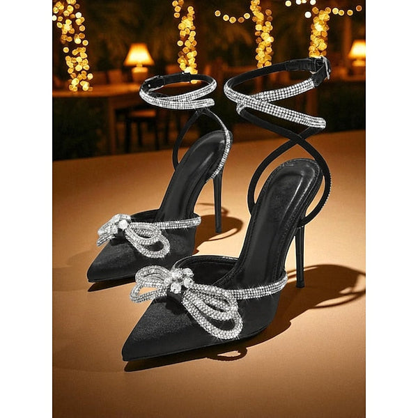 and Heels Black Stiletto Women's Bow with Rhinestone Satin FashionChic